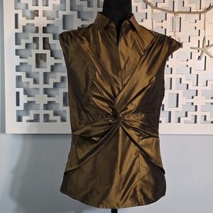 Moda Intl Sleeveless Wrap Knot Blouse Bronze M Twist Front Top 100% Silk